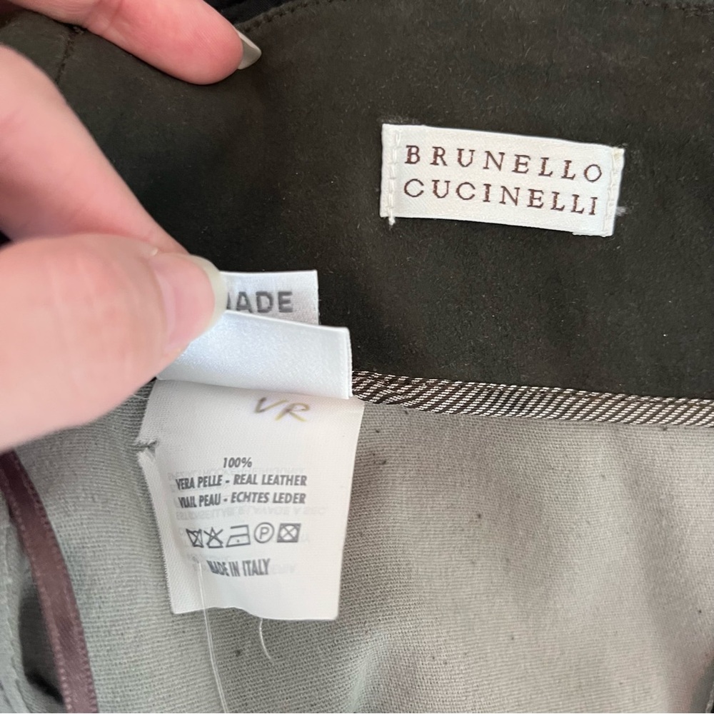 BRUNELLO CUCINELLI Leather Skirt US 2 Brown Stretch Ruched Women’s 2K Suede - Picture 12 of 13